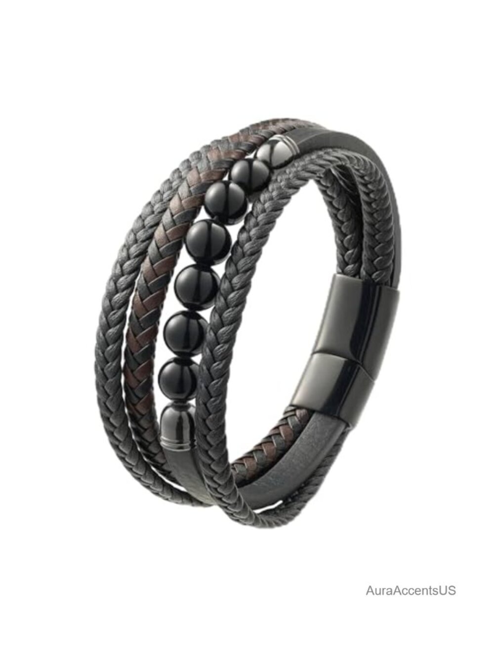 Braided Leather Gemstone Cuff Bracelet for Men with Stainless Steel Clasp